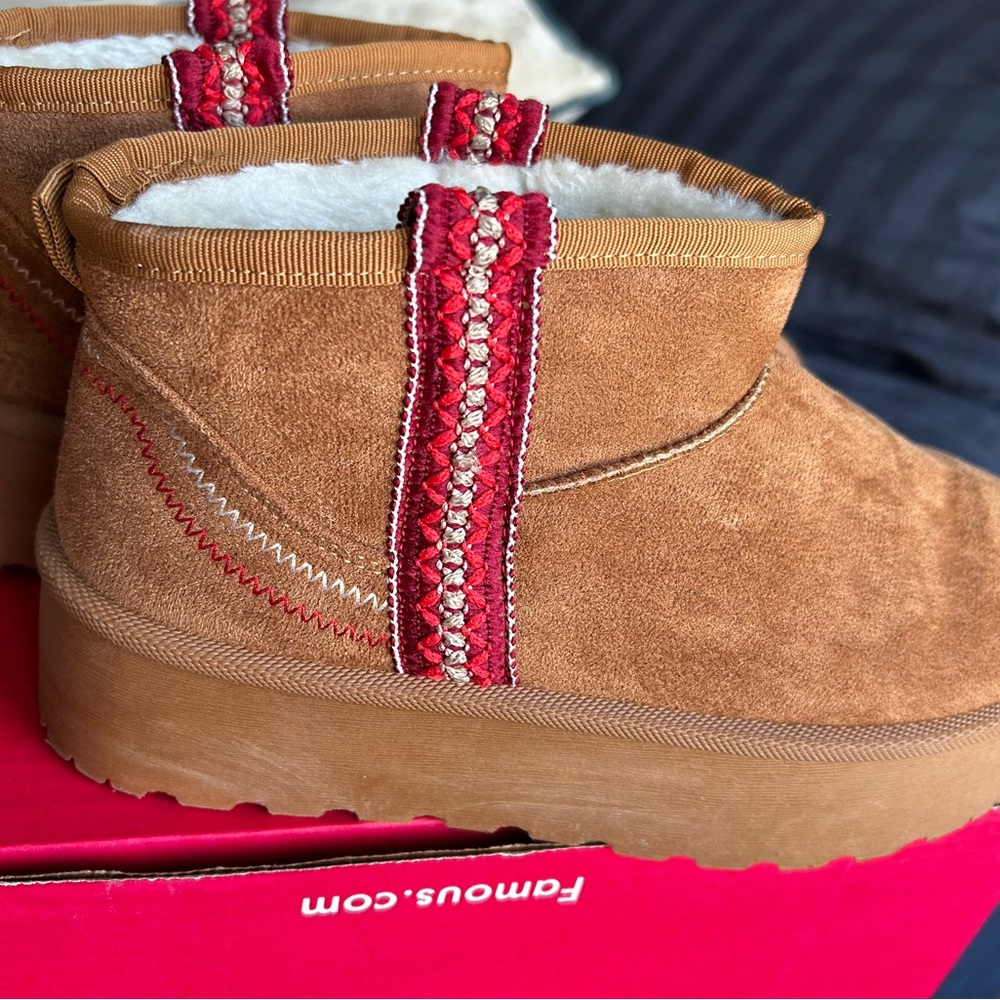 Brown Suede Boots with Red Accents